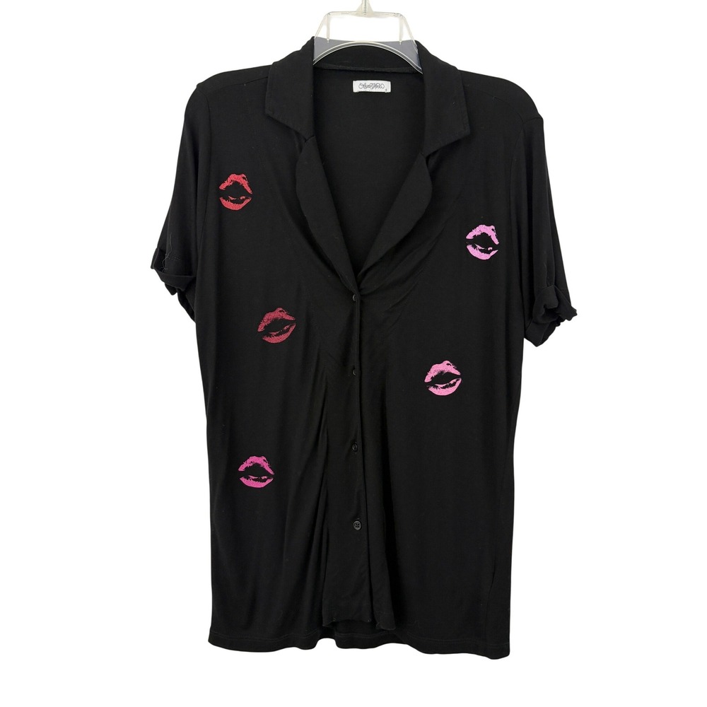 Lauren Moshi Waverly Mini Watercolor Lips Button Shirt Size S Black Short Sleeve